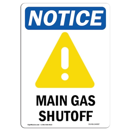 Signmission OSHA Notice Sign, 18" Height, Aluminum, Main Gas Shutoff Sign With Symbol, Portrait OS-NS-A-1218-V-14087